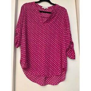 Chaus New York Magenta Pink Geometric Print Roll Tab Sleeve Blouse Top Medium